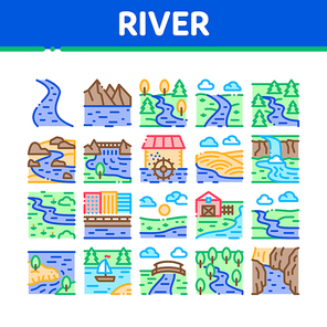 River Landscape Collection Icons Set Vector. River With Mountain And Forest, Bridge And City Buildings, Water Mill And Field Concept Linear Pictograms. Color Illustrations