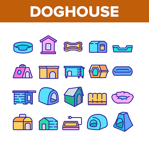 Doghouse Accessory Collection Icons Set Vector. Doghouse In Different Style, Container For transportation And Bed For Sleeping Animal Dog Concept Linear Pictograms. Color Illustrations