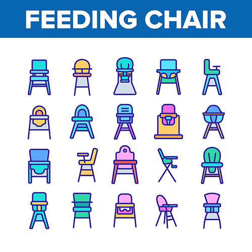 Feeding Baby Chair Collection Icons Set Vector. Childhood Dinner Chair, Furniture Stool With Table For Feed Toddler Child Concept Linear Pictograms. Color Illustrations