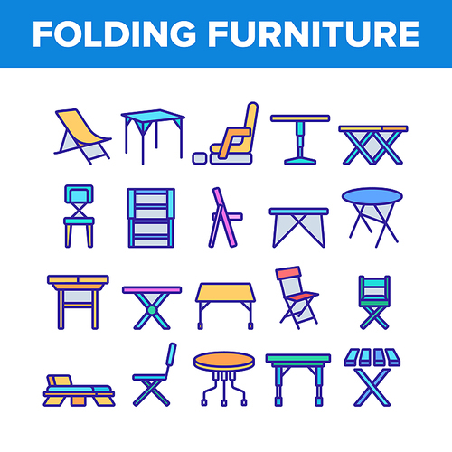Folding Furniture Collection Icons Set Vector. Table And Chair, Lounge And Armchair Compact And Garden Relaxation Furniture Concept Linear Pictograms. Color Illustrations