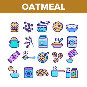 Oatmeal Healthy Food Collection Icons Set Vector. Oat Cookies And Porridge Cereal Breakfast, Oatmeal And Agriculture Organic Crop Products Concept Linear Pictograms. Color Illustrations