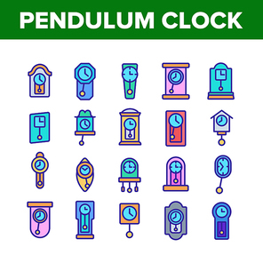 Pendulum Clock Device Collection Icons Set Vector. Vintage And Modern Pendulum Watch With Circle And Square Dial, Timer Equipment Concept Linear Pictograms. Color Illustrations