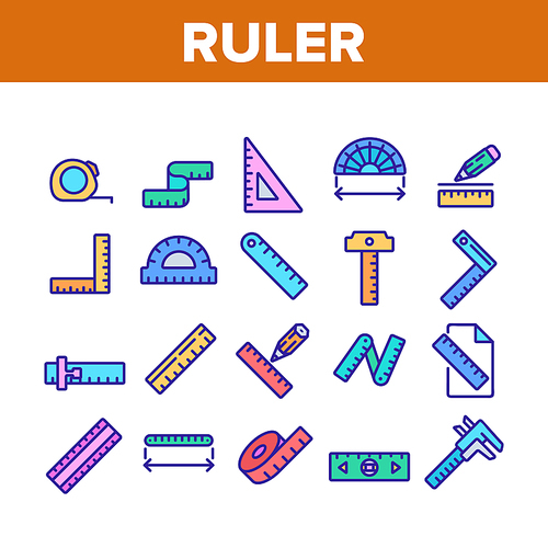 Ruler Measuring Tool Collection Icons Set Vector. Ruler Math, Geometry Stationery Engineer Equipment For Measurement, Tape And Roulette Concept Linear Pictograms. Color Illustrations
