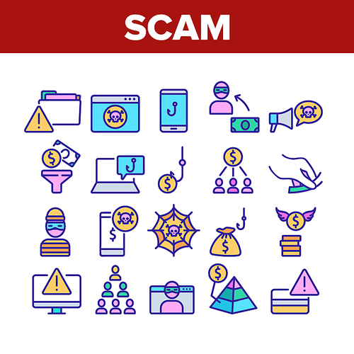 Scam Finance Criminal Collection Icons Set Vector. Internet And Mobile Phone Scam, Computer Screen And Folder, Dollar Banknote And Coin Concept Linear Pictograms. Color Illustrations