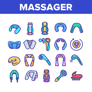 Shoulder Massager Collection Icons Set Vector. Body And Foot Massager Equipment For Relaxation, Electric Wearable Pulse Neck Device Concept Linear Pictograms. Color Illustrations
