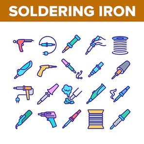 Soldering Iron Device Collection Icons Set Vector. Electronic Equipment And Reel With Metallic Material Cord For Soldering Concept Linear Pictograms. Color Illustrations
