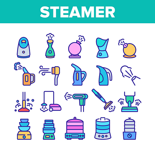 Steamer Domestic Tool Collection Icons Set Vector. Electric Food Cooking Multi Steamer, Vacuum Cleaner And Humidifier Equipment Concept Linear Pictograms. Color Illustrations
