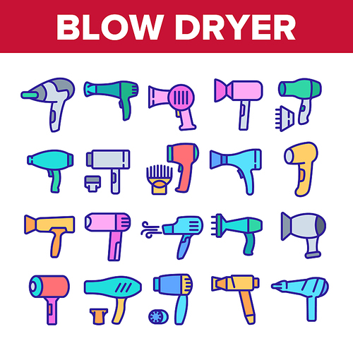 Blow Dryer Device Collection Icons Set Vector. Hair Dryer With Different Nozzles Electronic Equipment, Hairdresser Blower Tool Concept Linear Pictograms. Color Illustrations
