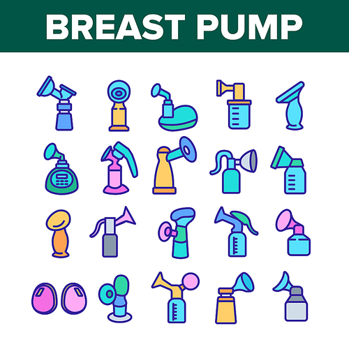 Breast Pump Device Collection Icons Set Vector. Automatical And Manual Breast Pump Equipment For Mother Breast Maternity Milk Concept Linear Pictograms. Color Illustrations