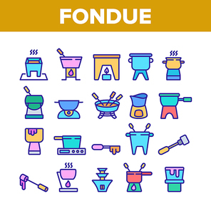 Fondue Pot Equipment Collection Icons Set Vector. Fondue Device For Cooking Melted Cheese Dish, Kitchen Utensil And Skewer Concept Linear Pictograms. Color Illustrations