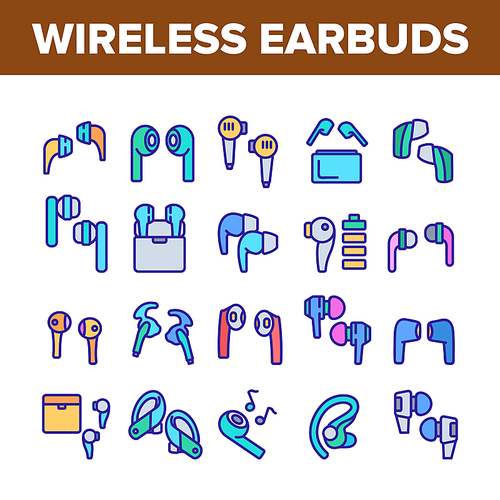 Wireless Earbuds Stereo Device Icons Set Vector. Collection Of Airpods Wireless Headphones Gadget For Listen Music And Hands Free Tool Concept Linear Pictograms. Color Illustrations
