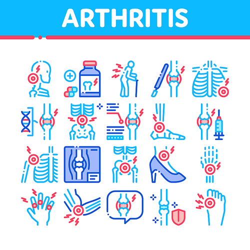 Arthritis Disease Collection Icons Set Vector. Arthritis Symptoms And Treatments, Pain In Joints And Back, Neck And Knee, Fingers And Ribs Concept Linear Pictograms. Color Illustrations