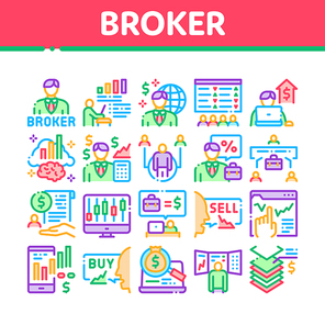 Broker Advice Business Collection Icons Set Vector. Broker Businessman And Consultant, Sell And Buy, Professional Estate Agent Concept Linear Pictograms. Color Illustrations