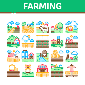 Farming Landscape Collection Icons Set Vector. Farming Field And Barn Construction, Mill And Scarecrow, Tractor And Cow Farm Animal Concept Linear Pictograms. Color Illustrations