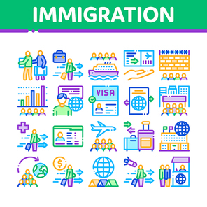 Immigration Refugee Collection Icons Set Vector. Immigration Person With Baggage, Passport And Visa, Cruise Liner Voyage And Airplane Concept Linear Pictograms. Color Illustrations