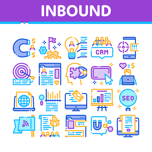 Inbound Marketing Collection Icons Set Vector. Growth Roi And Seo, Attract And Crm, Email, And Social Media And Internet Marketing Concept Linear Pictograms. Color Illustrations