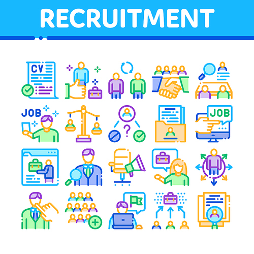 Recruitment And Research Employee Icons Set Vector. Curriculum Vitae Cv And Professional Career, Interview And Recruitment Concept Linear Pictograms. Color Illustrations