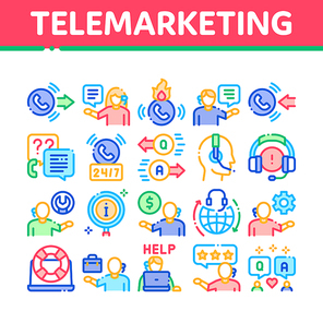 Telemarketing Sale Collection Icons Set Vector. Telemarketing Help And Information Research, Calling Operator And Customer Concept Linear Pictograms. Color Illustrations