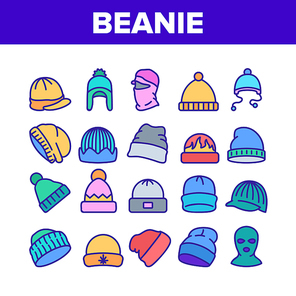 Beanie Seasonal Hat Collection Icons Set Vector. Beanie Cap And Head Facial Mask Season Clothing Accessory For Cold Weather Concept Linear Pictograms. Color Illustrations