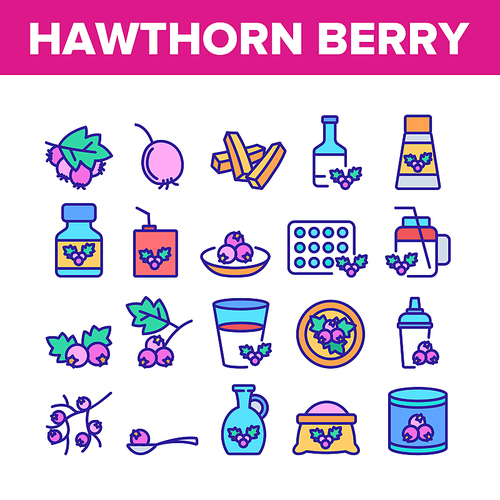 Hawthorn Berry Food Collection Icons Set Vector. Hawthorn Syrup And Juice, Beverage And Fresh Drink, On Plate And Bottle Package Concept Linear Pictograms. Color Illustrations