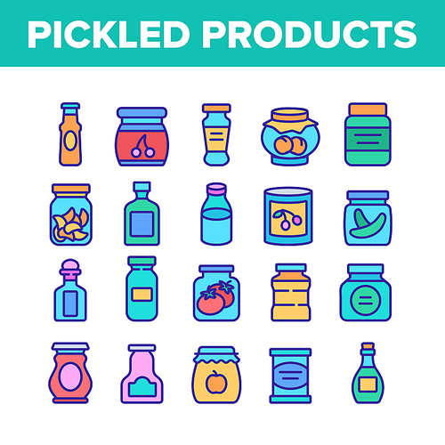 Pickled Product Food Collection Icons Set Vector. Pickled Berry And Fruit, Vegetables And Juice, Tomato And Cherry, Banana And Peach In Jar Concept Linear Pictograms. Color Illustrations