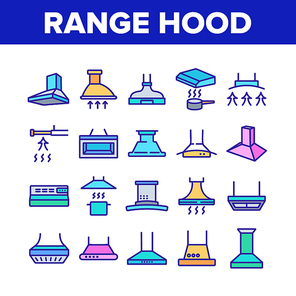 Range Hood Device Collection Icons Set Vector. Cooker Range Hood Kitchen Equipment In Different Style, Ventilation Exhaust Hood Tool Concept Linear Pictograms. Color Illustrations
