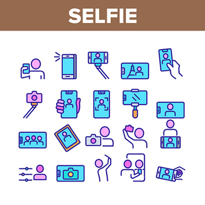 Selfie Photo Camera Collection Icons Set Vector. Selfie Stick Tool And Smartphone Digital Device For Make Photography Card Concept Linear Pictograms. Color Illustrations