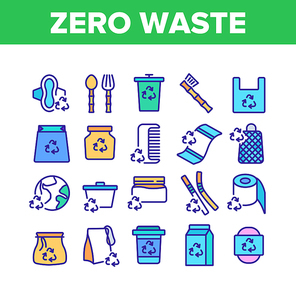 Zero Waste Reusable Collection Icons Set Vector. Zero Waste Package And Container, Kitchen Utensil Fork And Spoon, Bag And Paper Concept Linear Pictograms. Color Illustrations