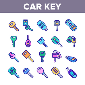 Car Key Equipment Collection Icons Set Vector. Car Key Device Different Style, With Buttons And Trinket, Lock And Open Padlock Concept Linear Pictograms. Color Illustrations