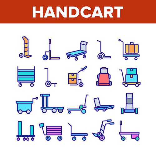 Handcart Transport Collection Icons Set Vector. Cargo Handcart For Transportation And Delivery Box And Baggage, Forklift And Cart Concept Linear Pictograms. Color Illustrations