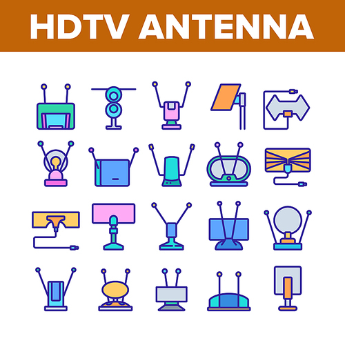 Hdtv Antenna Device Collection Icons Set Vector. Hdtv Antenna Gadget For Tv Broadcasting Signal, Media Equipment, Frequency Appliance Concept Linear Pictograms. Color Illustrations
