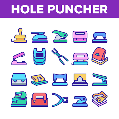 Hole Puncher Tool Collection Icons Set Vector. Hole Puncher Stationery Equipment, Office Accessory, Punching Paper Instrument Concept Linear Pictograms. Color Illustrations