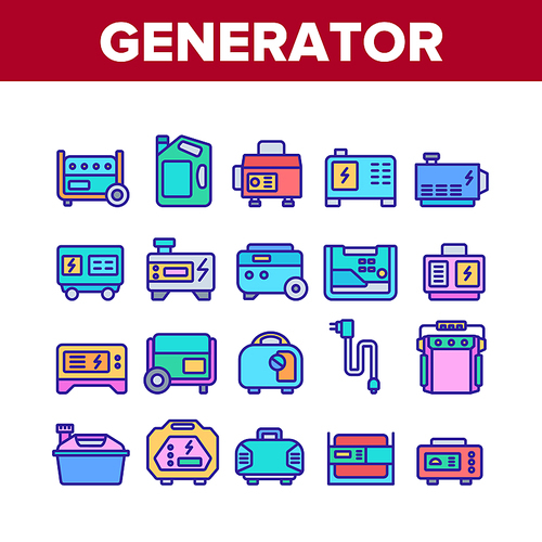 Portable Generator Collection Icons Set Vector. Generator Equipment For Generating Electricity, Fuel Bottle Package And Electrical Cord Concept Linear Pictograms. Color Illustrations