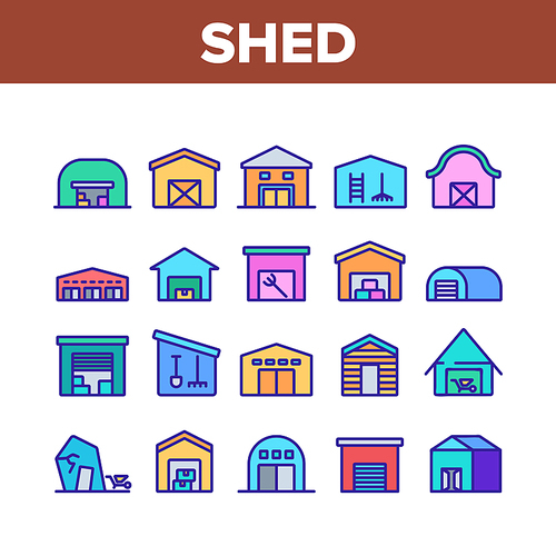 Shed Construction Collection Icons Set Vector. Shed Building For Storaging Pitchfork And Rake, Shovels And Trolley, Falling Apart Storage Concept Linear Pictograms. Color Illustrations