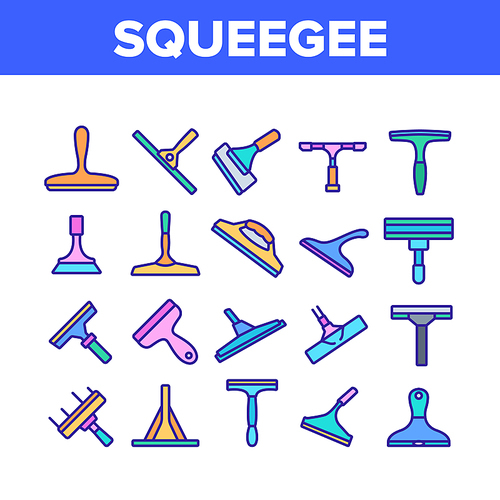 Squeegee For Cleaning Window Icons Set Vector. Brush Squeegee Equipment For Clean Glass, Wash Service Tool In Different Style Concept Linear Pictograms. Color Illustrations