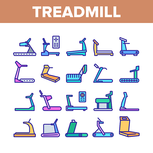 Treadmill Sportive Equipment Icons Set Vector. Collection Treadmill Sport Device For Running, Activity And Training, Cardio Exercise Concept Linear Pictograms. Color Illustrations