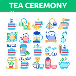 Tea Ceremony Tradition Collection Icons Set Vector. Tea Bag And Leaves, Cup With Hot Drink And Teapot, Sugar And Honey, Lemon And Thermos Color Illustrations