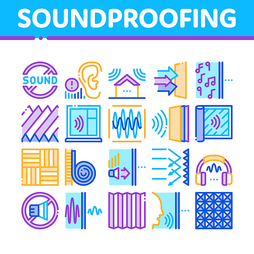 Soundproofing Building Material Icons Set Vector. Collection Of Soundproofing Windows And Roof, Wall Insulation And Floor Covering Color Illustrations