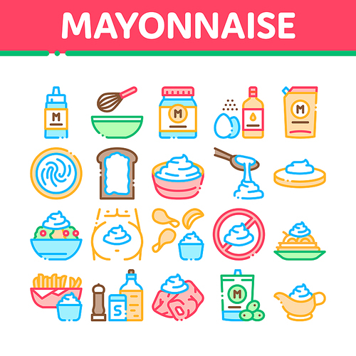 Mayonnaise Spice Sauce Collection Icons Set Vector. Mayonnaise Bottle And Preparing In Bowl With Mixer, Fry Potato And Meal Color Illustrations