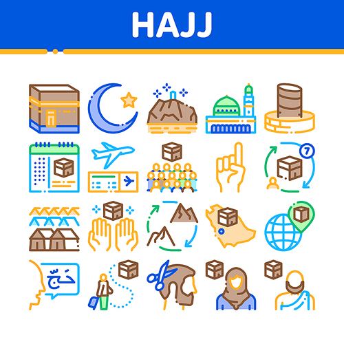 Hajj Islamic Religion Collection Icons Set Vector. Hajj Kaaba Building And Mosque, Airplane Ticket And Touristic Direction Color Illustrations
