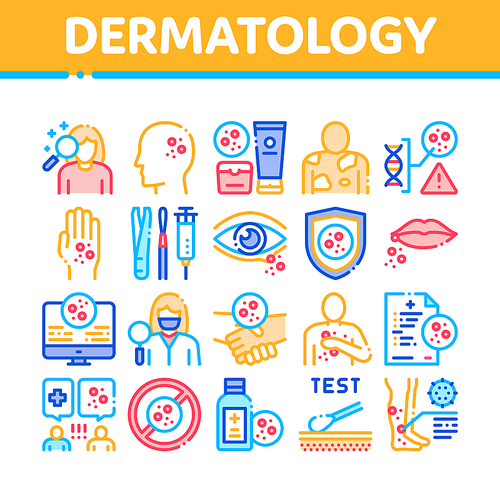Dermatology Skin Care Collection Icons Set Vector. Dermatology Rash On Hands And Head, Lips And Leg, Body Protection Cosmetic Cream Color Illustrations