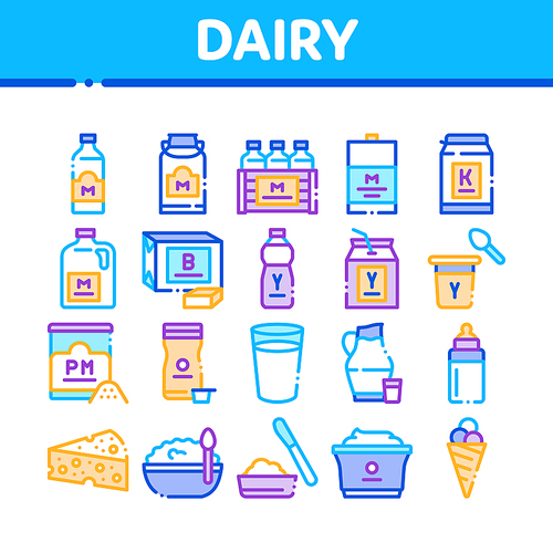 Dairy Drink And Food Collection Icons Set Vector. Dairy Cheese And Ice Cream, Fresh Milk And Butter, Yogurt And Breakfast Porridge Color Illustrations