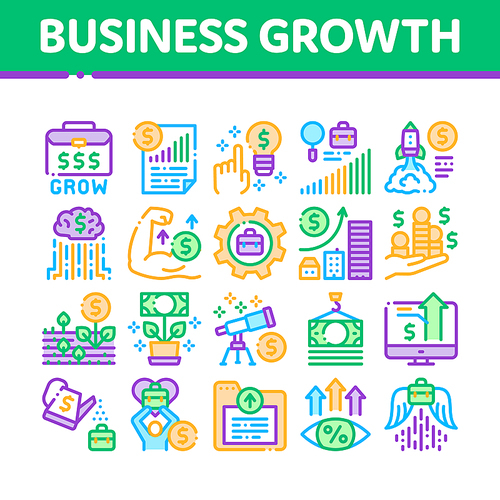 Business Growth And Management Icons Set Vector. Business Case With Dollar Sign, Rocket And Wings, Brain And Muscle Concept, Grow Arrow Statistic Color Illustrations