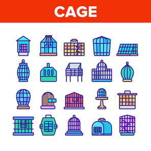 Cage Domestic Animal Collection Icons Set Vector. Bird Or Parrot Cage And For Transportation Dog Puppy Or Cat Pet Equipment Concept Linear Pictograms. Color Illustrations