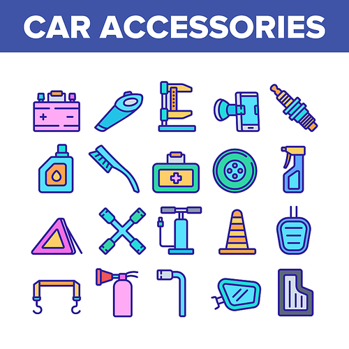 Car Accessories Tool Collection Icons Set Vector. Car Battery And Brush, Vacuum Cleaner And Jack, Wrench And Pump, Mirror And Mat Concept Linear Pictograms. Color Illustrations