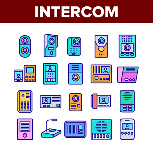 Intercom Communication Collection Icons Set Vector. Intercom Electronic Protection Device For Communicate, Microphone And Door Bell Concept Linear Pictograms. Color Illustrations