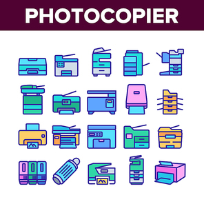 Photocopier Device Collection Icons Set Vector. Professional Photocopier And Scanner Equipment And Ink, Electronic Multifunctional Printer Concept Linear Pictograms. Color Illustrations