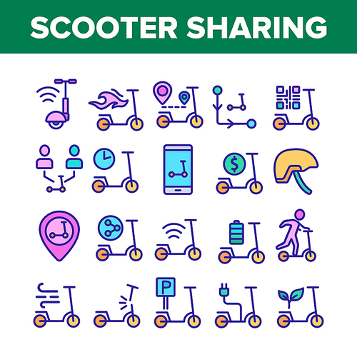 Scooter Sharing Rent Service Icons Set Vector. Scooter Sharing Phone Application, Charger Electronic Transport, Barcode And Gps Mark Concept Linear Pictograms. Color Illustrations