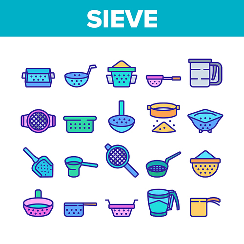 Sieve Kitchen Utensil Collection Icons Set Vector. Sieve Colander Cuisine Equipment For Sifting Flour In Different Form And Style Concept Linear Pictograms. Color Illustrations