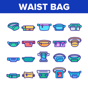 Waist Bag Accessory Collection Icons Set Vector. Traveler Waist Bag Belt For Safety Carry Mobile Phone, Credit Card, Money or Document Concept Linear Pictograms. Color Illustrations